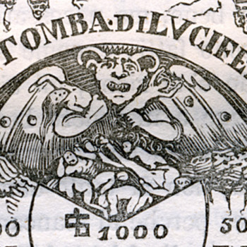 La tomba di Lucifero nel nono cerchio dell’Inferno, in Antonio Manetti, Dialogo … circa al sito, forma et misure dello inferno di Dante Alighieri poeta excellentissimo, 1522, dettaglio.